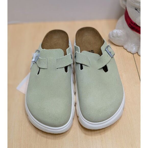 Birkenstock Papillio Boston Chunky Faded Lime Suede Leather Platform Clogs NWT - Picture 3 of 13